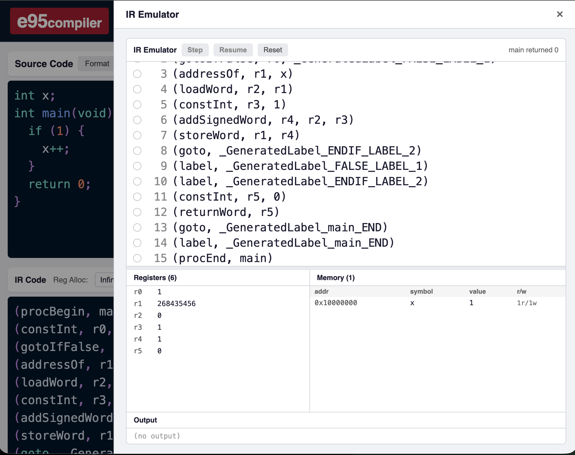 Screenshot of the e95compiler web app showing source code on the left, the generated IR listing, and an IR Emulator panel with registers, memory, and step controls.