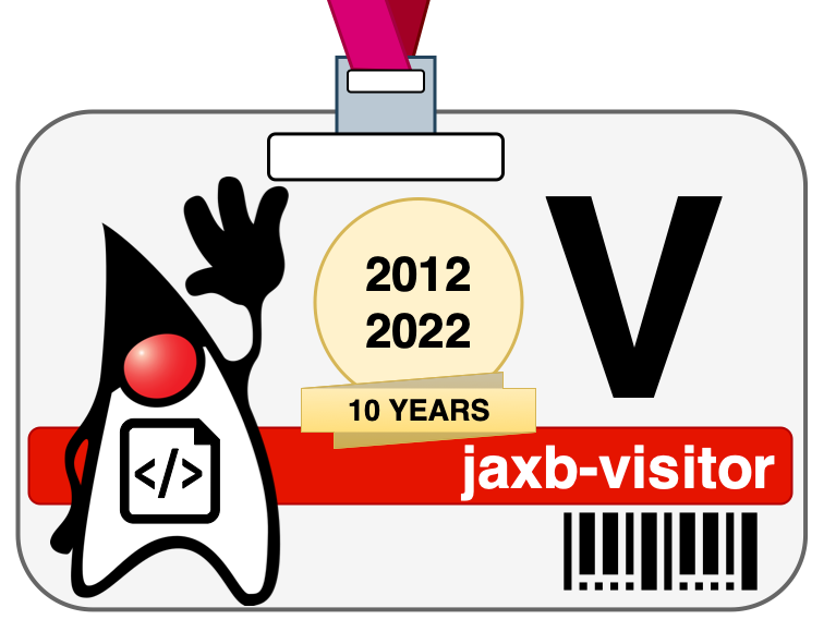 duke, the Java mascot, shown on a badge with a large V and labeled jaxb-visitor. The years 2012-2022 are shown over the label 10 years. There is a barcode beneath the V.