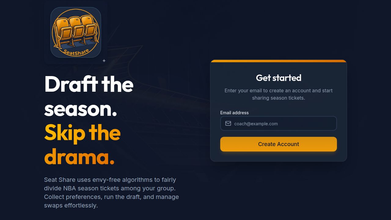 Seat Share hero — "Draft the season. Skip the drama." — with a stylized stadium-seats logo and a sign-up card.