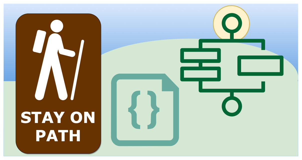sign warning hiker to stay on path. json icon and step function icons shown with hill and sun